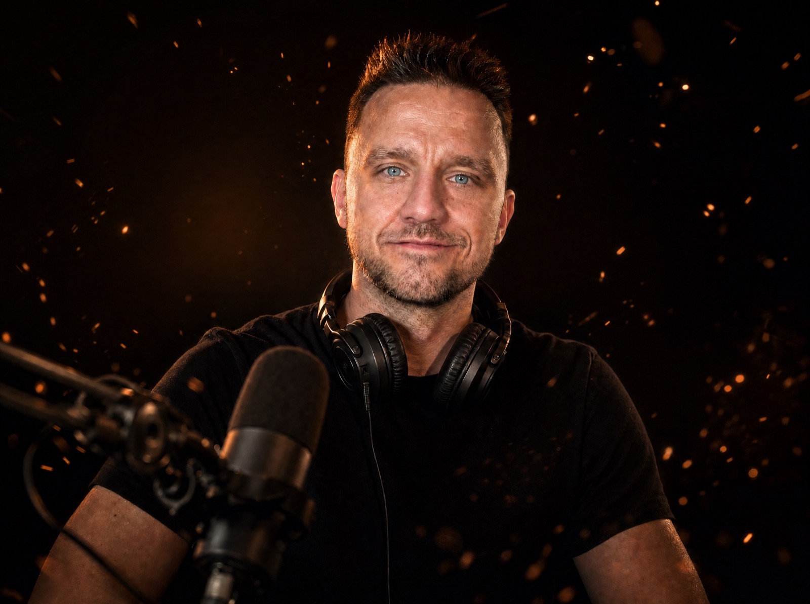 Michael Witkowski im Podcast-Studio am Mikrofon, umgeben von warmen Funken